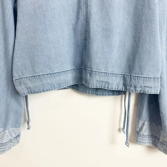 CLOTH & STONE Wrap Crop Top Large Blue Denim Tie Long Flared Sleeve Aztec - Picture 10 of 10